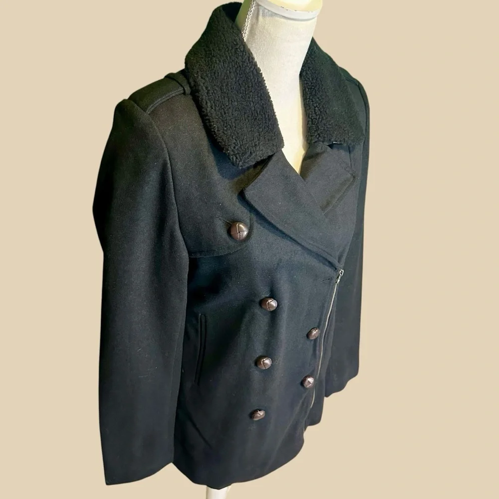 NWT Members Only Fur Collar Black Wool-Blend Double-Breasted Pea Coat Sz Small
